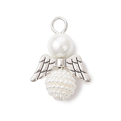 Античный Серебристый & Платиновый 50шт. подвески из искусственного акрилового жемчуга и стеклянного жемчуга, с бусинами сплава, ангельские прелести, старинное серебро и платина, 27x19x10 мм, отверстие : 4 мм