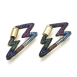 Разноцветный Латунные микропаве, кубический цирконий, винт, карабин, подвески с замком, для изготовления ожерелий, быстрые ссылки, удар молнии, без никеля , реальный 16 k позолоченный, красочный, 18x35x3 мм, Винт: 8x5 мм