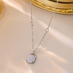 Stainless Steel Color 201 Stainless Steel Engraved Flower Rectangle Pendant Necklaces for Women, Tarnish Free, Stainless Steel Color, 16.14 inch(41cm)