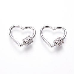 Платина Латунные микропаве, кубический цирконий, винт, карабин, подвески с замком, для изготовления ожерелий, прозрачные, сердце, платина, 23x22.5x2 мм