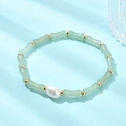 Зеленый Натуральные бамбуковые браслеты из бусин зеленого авантюрина, эластичные, для женщин., с натуральным культивированным пресноводным жемчугом и плоскими латунными разделительными бусинами., реальный 14 k позолоченный, зелёные, внутренний диаметр: 2.26 дюйм (5.75 см)