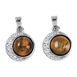 Тигровый глаз Латуни циркония кубической подвески, с натуральным тигровый глаз, плоские круглые прелести, 15x12.5x6 мм, отверстие : 4.5x2.5 мм