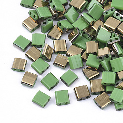 Light Green FGB 2-Hole Glass Seed Beads, Half Golden Plated Colours, Square, Light Green, 5x4.5~5.5x2~2.5mm, Hole: 0.5~0.8mm, about 1180pcs/bag