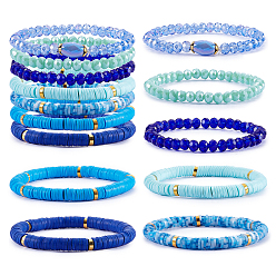 Bleu 7 pcs 7 ensemble de bracelets extensibles heishi surfeur en argile polymère faits à la main, bracelets empilables en perles de verre, bijoux preppy pour femme, bleu, diamètre intérieur: 2-1/8 pouce (5.3 cm), 1 pc / style