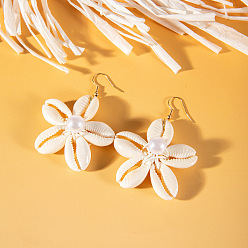 Золотой Серьги-подвески из натуральной ракушки в виде цветка, с пластиковой имитационной жемчужиной, золотые, 64x46 мм