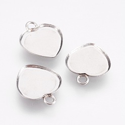 Stainless Steel Color Tarnish Resistant 304 Stainless Steel Pendant Cabochon Settings, Plain Edge Bezel Cups, Heart, Stainless Steel Color, Tray: 10x10mm, 13x11x1mm, Hole: 1.6mm
