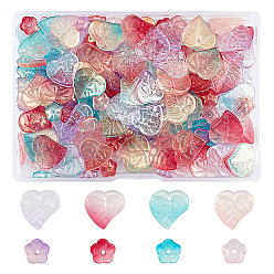 Mixed Color Transparent Glass Beads, with Glitter Gold Powder, Flowers and Leaf, Mixed Color, 200pcs/Box