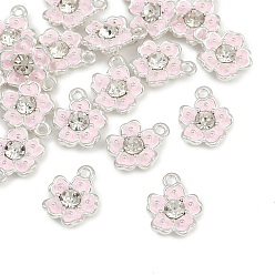 Pink Сплав эмали с подвесками из хрустальных страз, цветок, платина, розовые, 12x10x3.5 мм, отверстие : 1.2 мм