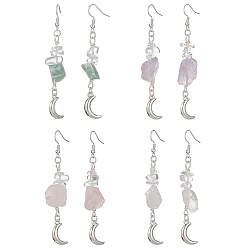 Mixed Stone Natural Mixed Gemstone Chips Dangle Earrings, Tibetan Style Crescent Alloy Long Drop Earrings, 68~75x12.5~16mm