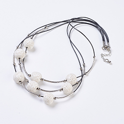 Creamy White Waxed Cord Tiered Necklace, 3 Layer Necklaces, with Lava Rock Beads and Brass Findings, Creamy White, 20.47 inch(52cm)