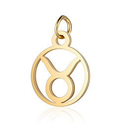 Taurus 201 Stainless Steel Charms, with Jump Rings, Polished, Flat Round with Constellation, Golden, Taurus, 13x11x1mm, Hole: 2.5mm