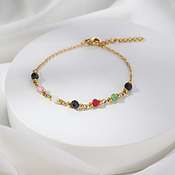 Настоящее золото 18K Браслеты из натурального халцедона и стеклянных круглых бусин, браслеты-цепочки из нержавеющей стали для женщин, реальный 18 k позолоченный, 6-3/4 дюйм (17 см)