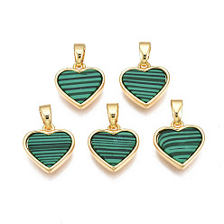 Malachit Echte 18 k vergoldete Messinganhänger, mit synthetischen Malachit cabochons, Cadmiumfrei und Nickel frei und Bleifrei, Herz, Malachit, 12x11.5x3 mm, Bohrung: 2.5x5 mm