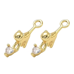 Golden Brass Micro Pave Clear Cubic Zirconia Pendants, Cat Shape with Heart Charms, Rack Plating, Long-Lasting Plated, Cadmium Free & Lead Free, Golden, 19x3.5x8.5mm, Hole: 1.7mm
