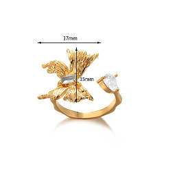 Бабочка Браслет-манжета из латуни с кристаллами и стразами, открытые кольца, золотые, бабочка, внутренний диаметр: регулируемый