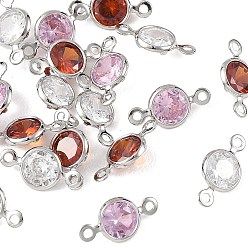 Mixed Color SHEGRACE Brass Pave Cubic Zirconia Flat Round Connector Charms, Cadmium Free & Nickel Free & Lead Free, Long-Lasting Plated, Real Platinum Plated, Mixed Color, 11x6x3mm, Hole: 1mm