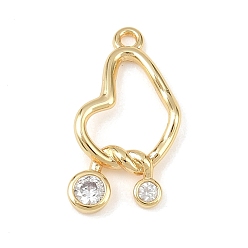 Настоящее золото 18K Латунные микропаве прозрачные подвески с фианитом, кольцо в форме сердца с плоским кругом, без кадмия, без никеля и без свинца, реальный 18 k позолоченный, 17.5x11x2.5 мм, отверстие : 1.2 мм