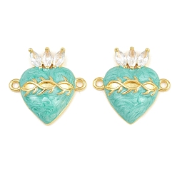 Turquoise Brass Pave Clear Cubic Zirconia Connector Charms, Sacred Heart Links, with Enamel, Long-Lasting Plated, Rack Plating, Cadmium Free & Lead Free, Golden, Turquoise, 22.5x22x5mm, Hole: 1.8mm
