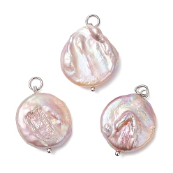 Нержавеющая Сталь Цвет Натуральный жемчуг барокко подвески с жемчугом кеши, плоские круглые подвески с латунными петлями и 304 открытыми соединительными кольцами из нержавеющей стали, чертополох, цвет нержавеющей стали, 23~24x18.5~19.5x6~7 мм, отверстие : 3 мм