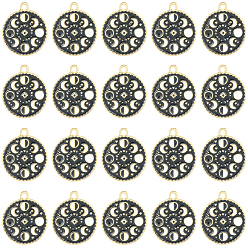 Черный Подвески из эмали и сплава, плоская круглая подвеска с фазами луны, чёрные, 23x20x1 мм, отверстие : 2 мм, 20 шт / коробка