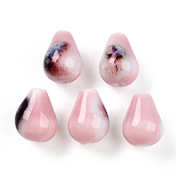 Pink Фарфоровые бусины ручной работы, фантазии античного стекла фарфора, слеза, розовые, 14~15.5x10.5~11.5 мм, отверстие : 1.6~2 мм