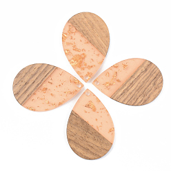 Dark Salmon Transparent Resin & Walnut Wood Pendants, with Gold Foil, Teardrop, Dark Salmon, 35.5x24.5x3mm, Hole: 2mm