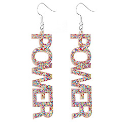 Разноцветный Блестящие акриловые серьги с подвесками Word Power, ювелирные изделия феминизма из железа с платиновым покрытием для женщин, красочный, 90x17x2.5 мм