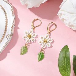 Белый 304 серьги-гвоздики с застежкой-молнией в форме цветка и листа из нержавеющей стали, со стеклянными бусинами, нейлоновой проволокой и акриловыми подвесками, золотые, белые, 56x18 мм