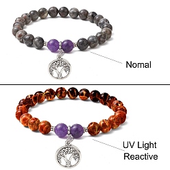 Кварц Браслеты из натуральных флуоресцентных сиенитовых камней и кварца с круглыми бусинами, Женские браслеты с подвесками из сплава «Древо жизни», внутренний диаметр: 2-3/8 дюйм (6.1 см)