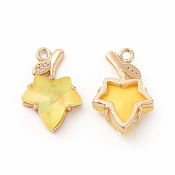 Свет Топаз Латунь со стеклянными подвесками k9, амулеты из золотого кленового листа, светлый топаз, 20.5x13.5x5.5 мм, отверстие : 1.8 мм