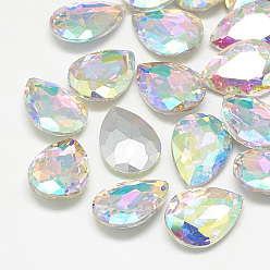 Crystal AB Pointed Back Glass Rhinestone Cabochons, Back Plated, Faceted, teardrop, Crystal AB, 14x10x4.5mm