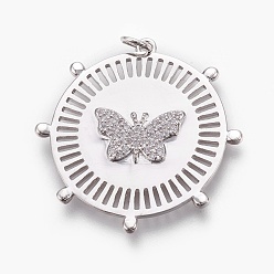 Платинированный Латунные микро проложить кубического циркония подвески, долговечный, плоские круглые с бабочкой, без свинца, без никеля и без кадмия, прозрачные, Реальная платина, 33x32x2 мм, отверстие : 3 мм