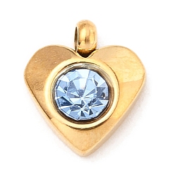 Свет Сапфира 304 прелести нержавеющей стали, с акриловыми стразами, граненые, очарование камня, сердце, золотые, света сапфир, 8.2x7.2x3.2 мм, отверстие : 1 мм