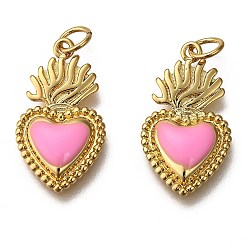 Pearl Pink Golden Tone Brass Enamel Pendants, with Jump Rings, Long-Lasting Plated, Heart, Pearl Pink, 22x12x3mm, Hole: 3.5mm