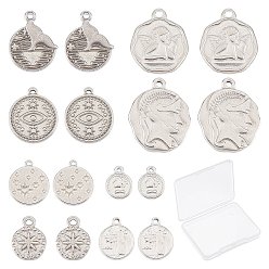 Stainless Steel Color 16Pcs 8 Styles 304 Stainless Steel Pendants, Flat Round, Stainless Steel Color, 21x18x2.5mm, Hole: 1.8mm, 2pcs/style