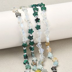 Смешанные камни 6 Виды бусин: опалит, синтетический малахит, натуральный лимонный нефрит, бирюза Хубэй, амазонит и родонит в форме цветка., звезда, с бисером, смешанные окрашенные и неокрашенные, 6x5.5x2.5 мм, отверстие : 1 мм, около 54 шт / нитка, 15.35'' (39 см) ~ 15.55'' (39.5 см)