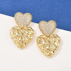 Сердце Серьги-гвоздики с цирконом из латуни, долговечный, стойки покрытие, реальный 18 k позолоченный, сердце, 31.5x20 мм