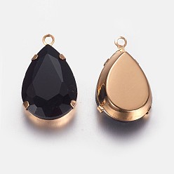 Light Gold Brass Glass Rhinestone Pendants, teardrop, Light Gold, 29x18x8mm, Hole: 2.5mm