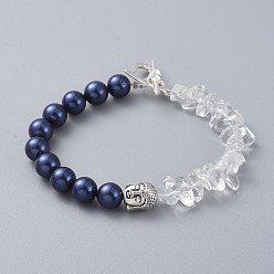 Prussian Blue Shell Pearl Beaded Bracelets, with Natural Quartz Crystal Chip Beads, Alloy Beads and Toggle Clasps, Buddha Head, Prussian Blue, 7-5/8 inch(19.5cm)