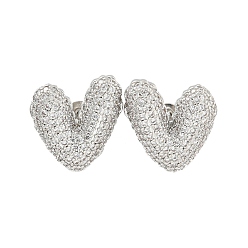 Платина Серьги-гвоздики из латуни в форме сердца с прозрачным фианитом и паве, платина, 16.5x16 мм