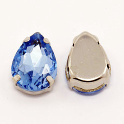 Свет Сапфира Шить на горный хрусталь, стекло горный хрусталь, с настройками латуни, аксессуары для одежды, граненые, слеза, Платиновый металл, света сапфир, 8x6x5 мм, отверстие : 0.8 мм