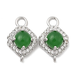 Платинированный Шармы-соединители из латуни с микропаве из прозрачного кубического циркония, ромбовидные звенья с зеленым стеклом, Реальная платина, 14x9x5 мм, отверстия : 2 mm и 1 мм