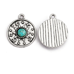 Плоский Круглый Синтетические бирюзовые подвески, с фурнитурой сплавочной тибетского стиля, плоско-круглые, 24x20 мм