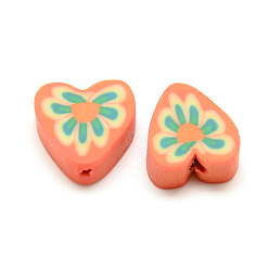 Mixed Color Handmade Polymer Clay Beads, Heart with Flower, Mixed Color, 10x10~11x4mm, Hole: 1~2mm