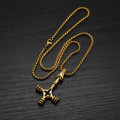Antique Golden Vintage 304 Stainless Steel Viking Wolf Cross Hammer Pendant Necklaces for Men, Antique Golden, 23.62 inch(60cm)