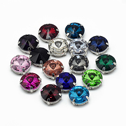 Mixed Color Sew on Rhinestone, Glass Rhinestone, with Brass Prong Settings, Garments Accessories, Faceted, Flat Round, Platinum, Mixed Color, 9x6.3mm, Hole: 0.8~1mm