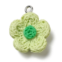 Light Green Opaque Resin Pendants, Flower Charms with Platinum Plated Iron Loops, Light Green, 20x18x6mm, Hole: 2mm