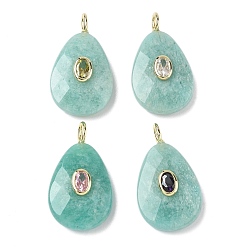 Амазонит Природные подвески амазонит, Подвески-капли в форме огранённых капель с латунной микропаве из кубических цирконий случайных цветов, золотые, 31.5x18x7~7.5 мм, отверстие : 2.5x3.5 мм