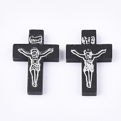 Black Printed Wooden Pendants, Crucifix Cross, For Easter, Dyed, Black, 32.5~33.5x21~22x4.5mm, Hole: 2mm