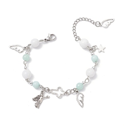 (52) Непрозрачная лаванда Браслеты с подвесками из сплава для женщин, Браслеты-цепочки из натуральных малайзийских нефритов для женщин, ангел и крыло, с 304 из нержавеющей стали Lobster Claw застежками, разноцветные, 7-1/4 дюйм (18.5 см)